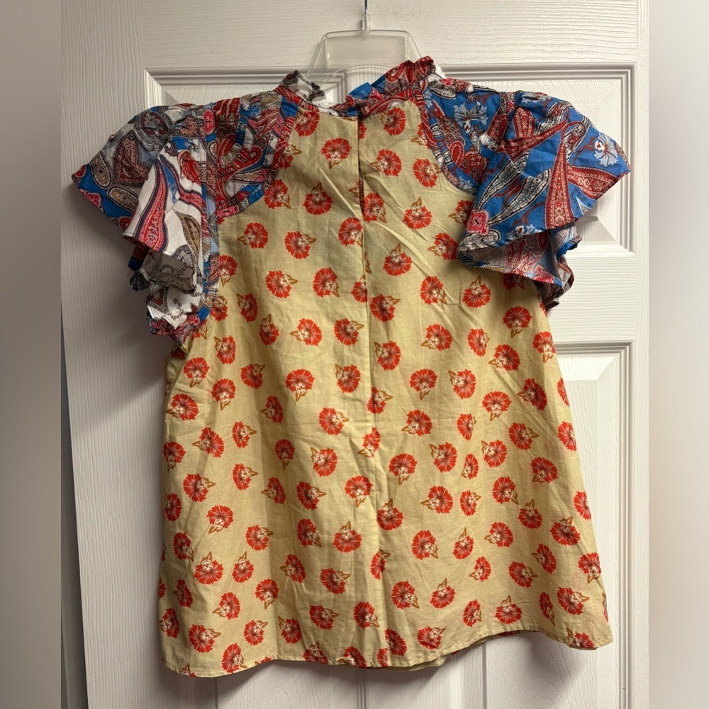 NWT Farm Rio Anthropologie Ruffle Sleeve Printed Blouse Size Large - Picture 5 of 5